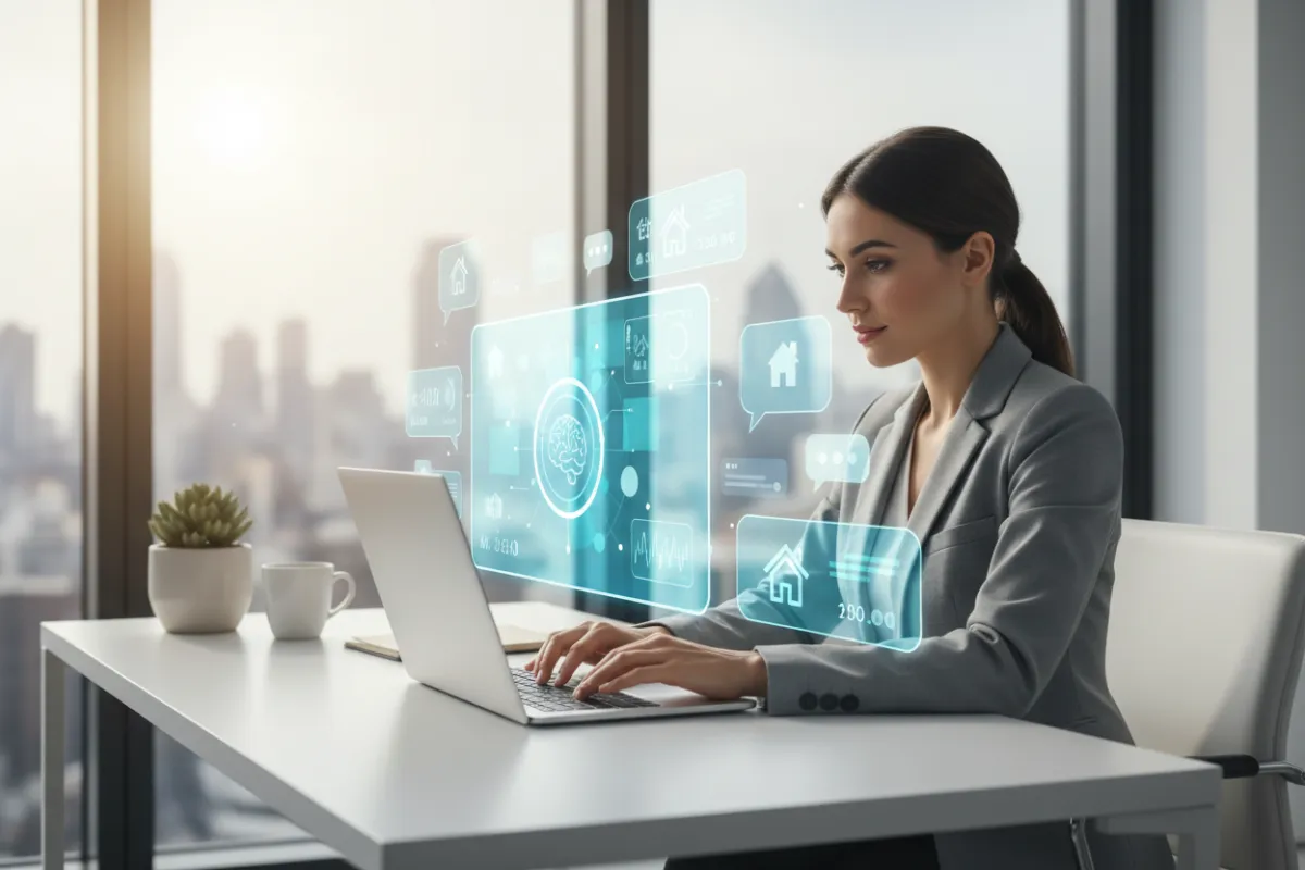 A modern real estate agent using an AI-powered dashboard on a sleek laptop, with digital property listings and chat bubbles overlayed, in a bright, contemporary office setting. The agent appears focused and confident, representing tech-savvy professionals embracing automation.