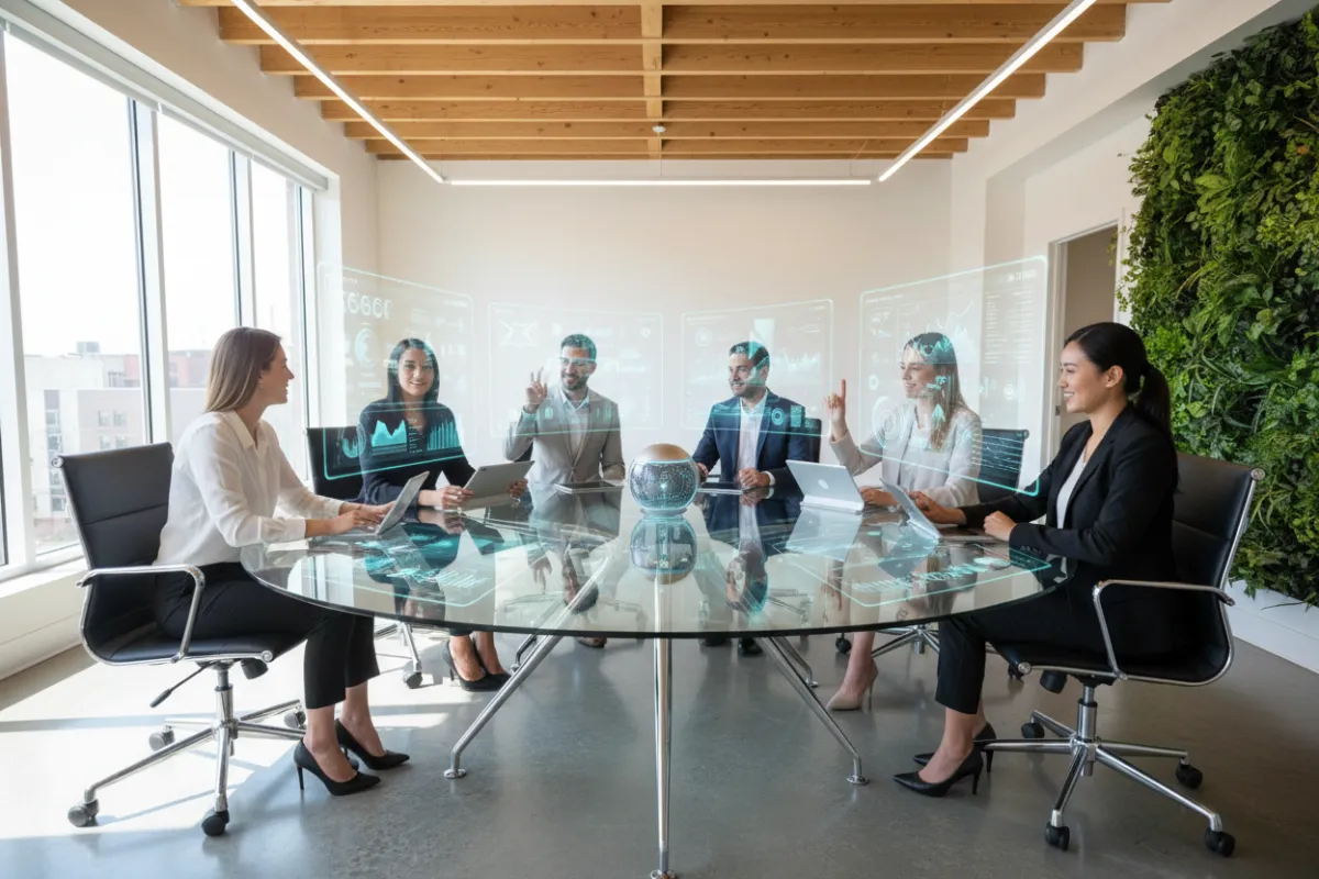 A diverse group of real estate professionals gathered around a conference table, collaborating with AI-powered devices and digital screens. The setting is modern, with natural light and a sense of teamwork and innovation.