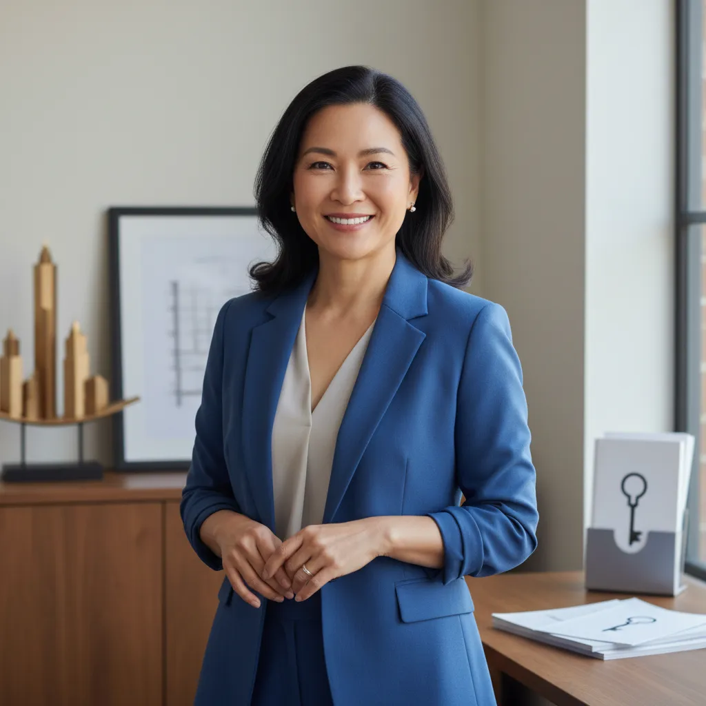 Portrait of a smiling middle-aged Asian-American real estate agent in a modern office, wearing a blue blazer. The background features subtle real estate decor, and the agent exudes confidence and satisfaction.