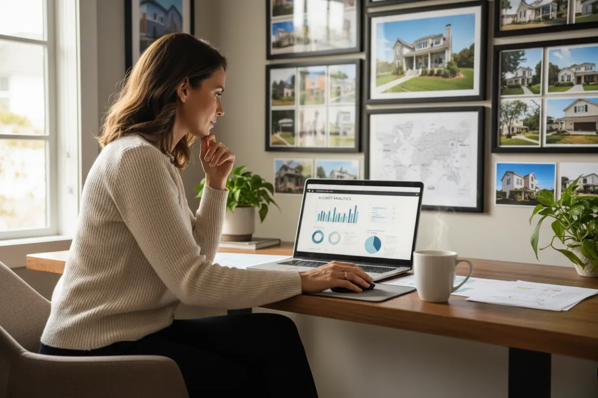 A female real estate agent in her home office, reviewing AI-generated client reports on a laptop. The background shows a wall of property listings and a cup of coffee, suggesting productivity and comfort.