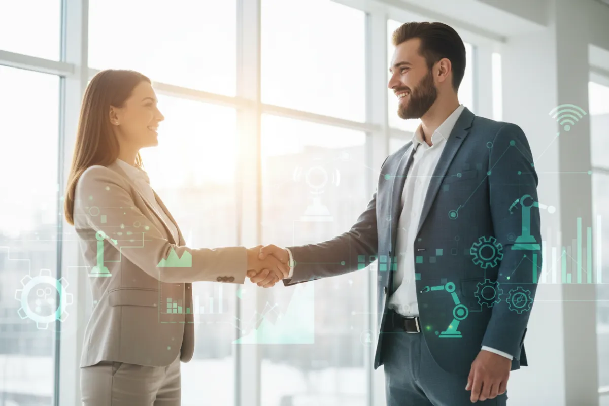 A smiling real estate agent shaking hands with a happy client in a sunlit office, with digital charts and AI icons subtly overlayed in the background, symbolizing increased efficiency and client satisfaction through automation.