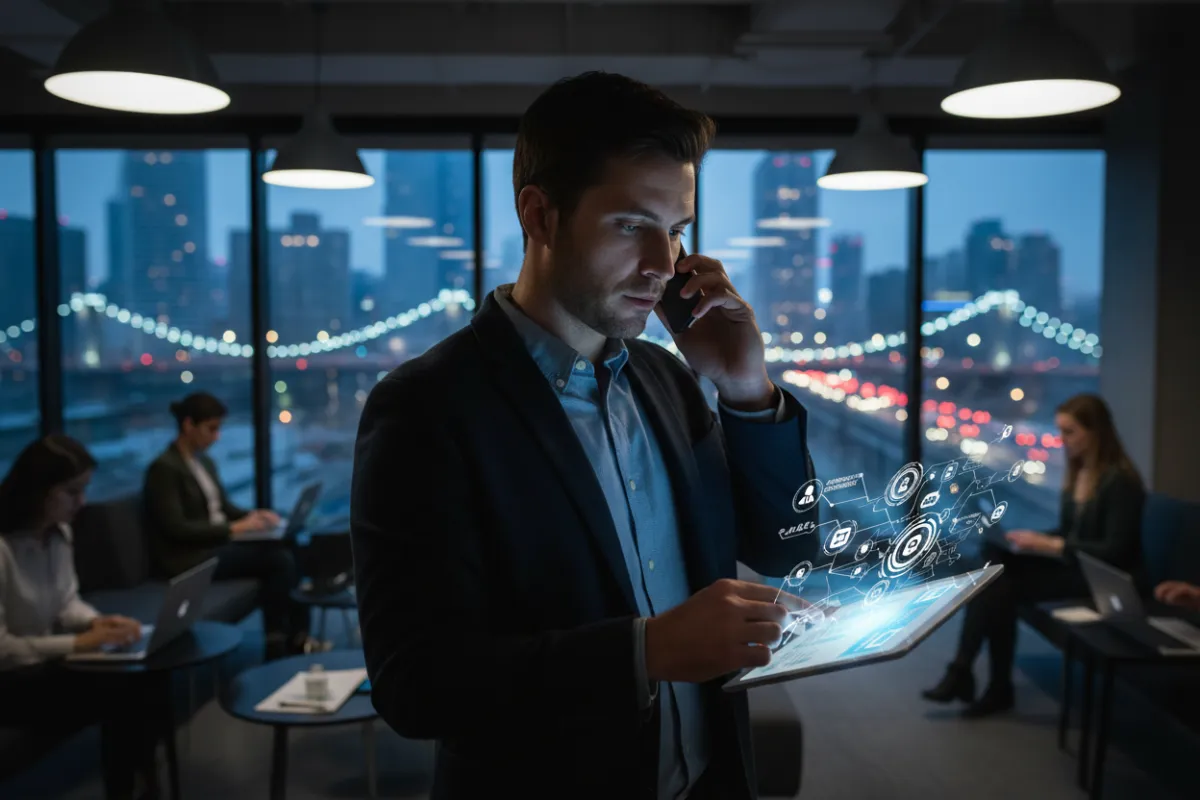 A male agent in a city coworking space, speaking on the phone while AI software on his tablet manages appointment scheduling. The scene is urban, energetic, and tech-forward, with city views in the background.
