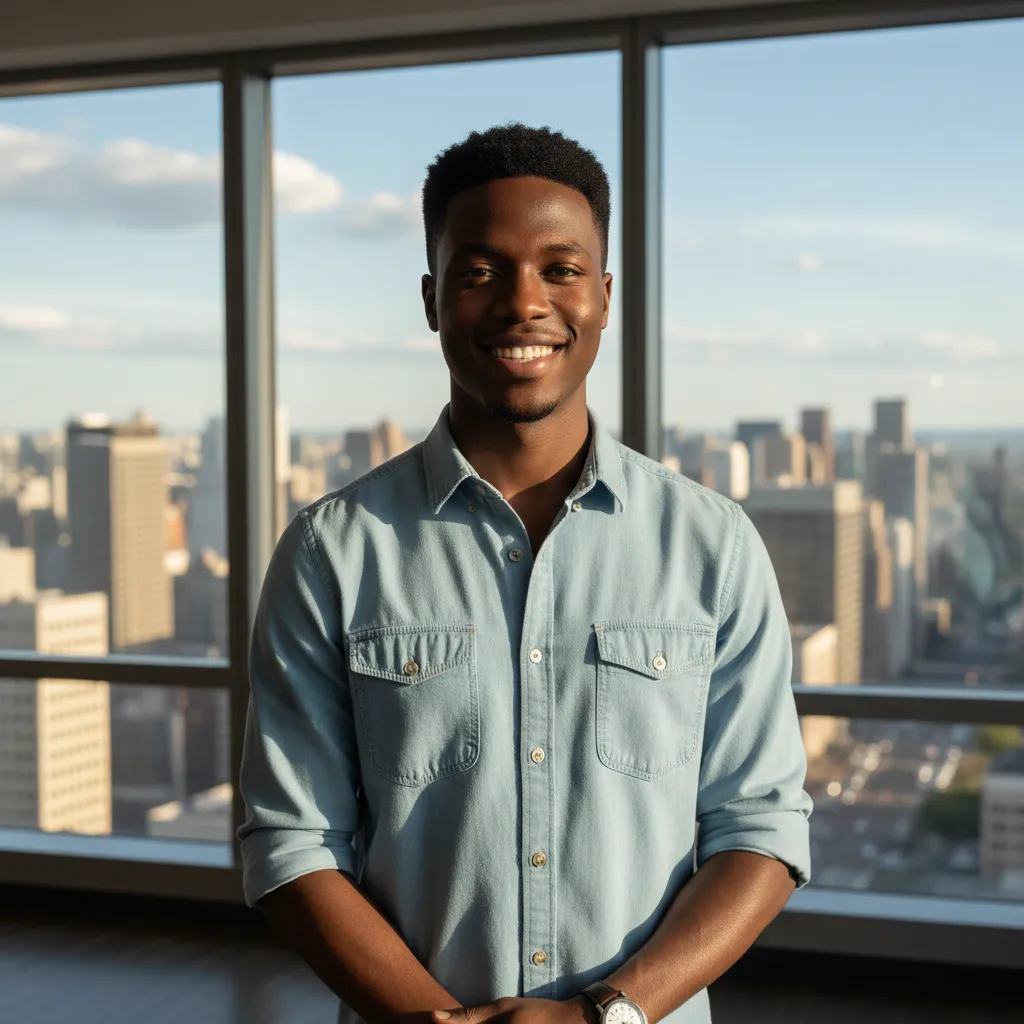 Headshot of a young Black male agent in a casual shirt, standing in front of a city skyline window. The image is bright, with natural light highlighting his approachable demeanor and professional confidence.