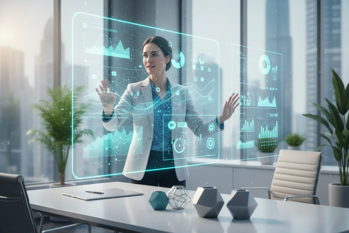 A modern real estate agent in a bright office, interacting with a digital AI dashboard displaying property analytics and automated messaging tools. The scene is vibrant, with blue and teal accents, and conveys efficiency and innovation.