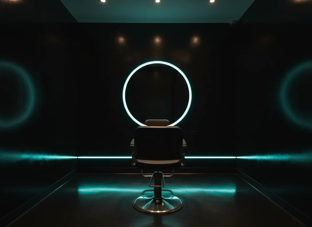 Luxury neon-lit hair salon interior in Scottsdale with obsidian black finishes and teal lighting