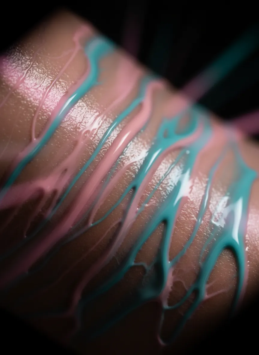 Abstract cinematic macro shot of skin texture and pigment with soft pink and teal light leaks, ultra-modern medical spa vibe on a deep black background.