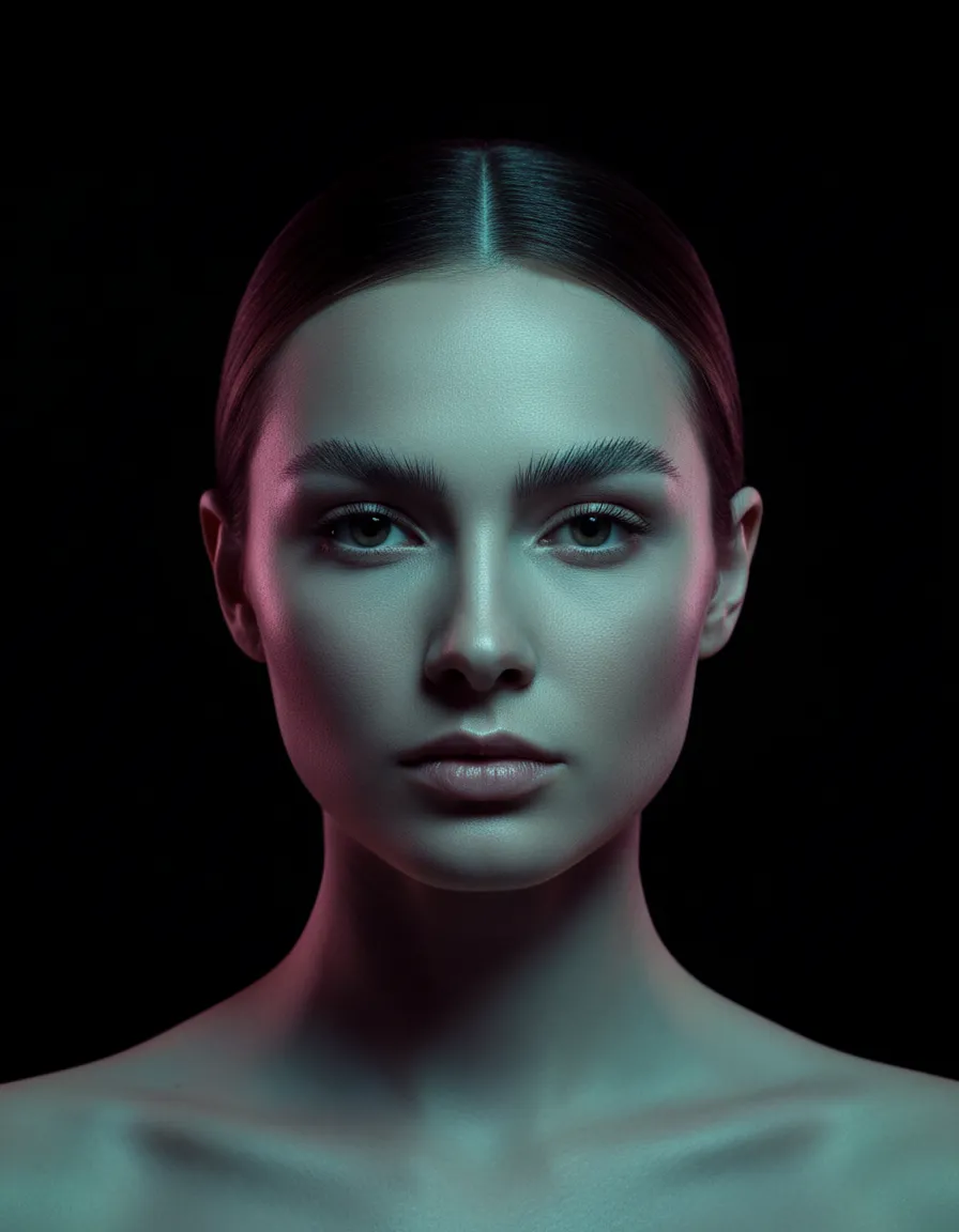 High-fashion editorial photography of a woman with flawless eyebrows, neon teal rim lighting, deep black background, luxury salon aesthetic, 8k style.