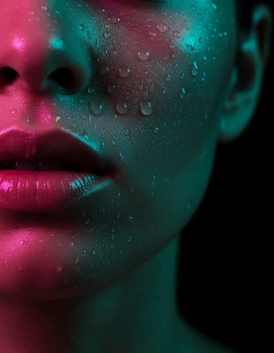 Ultra-close up of glowing, hydrated female skin with neon teal and pink reflections on an obsidian black background.