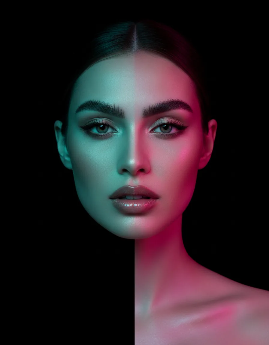 Luxury beauty model with high-fashion makeup in teal and pink lighting on an obsidian background