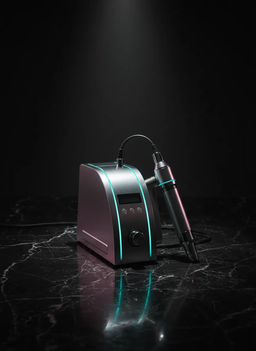 Sleek professional permanent makeup machine on a black marble surface with glowing teal LED accents and an expensive luxury studio atmosphere.