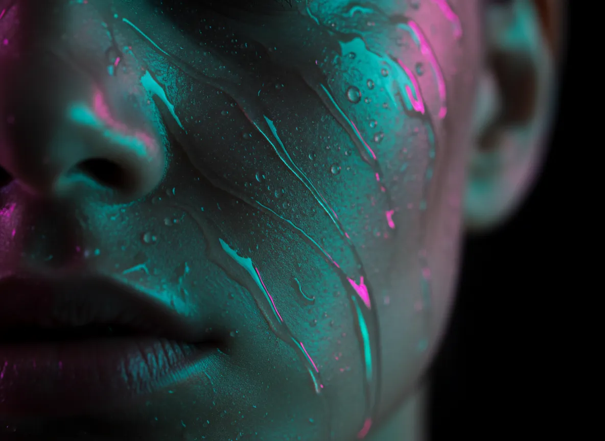 Glowing hydrated skin close-up with neon teal and pink reflections on obsidian background.