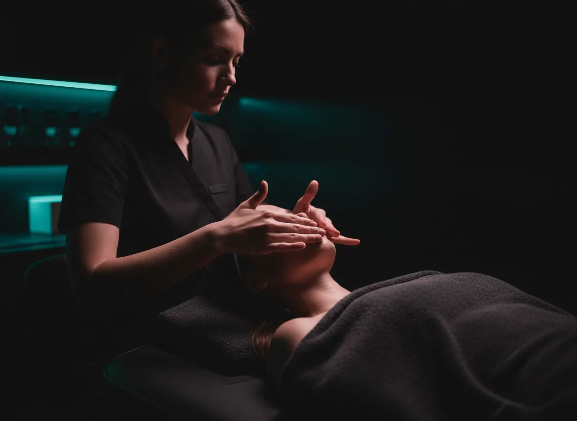 Professional aesthetician performing a facial treatment with soft pink rim lighting and cinematic shadows.