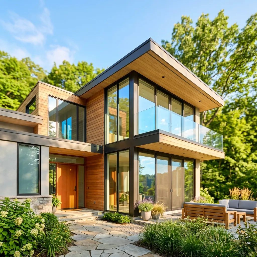 Sunlit architectural modern coastal home exterior with warm natural light and manicured lawn