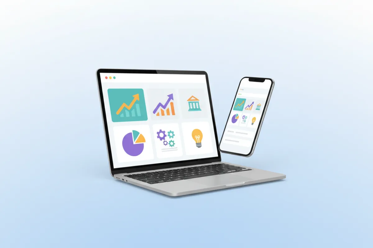 A modern, responsive website dashboard displayed on a laptop and smartphone, with vibrant analytics and business icons, set against a soft blue gradient background. The devices are angled to show interactivity and sleek design, representing digital transformation for small businesses.