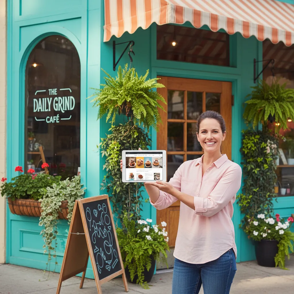 A smiling small business owner standing in front of their shop, holding a tablet displaying their new website. The storefront is vibrant and welcoming, with plants and signage, capturing the pride and satisfaction of digital success.