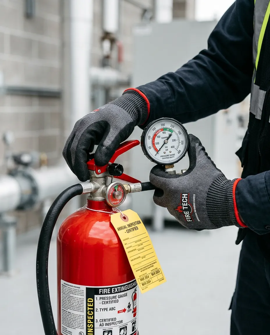 Certified fire safety technician inspecting industrial pressure gauge and testing fire protection equipment