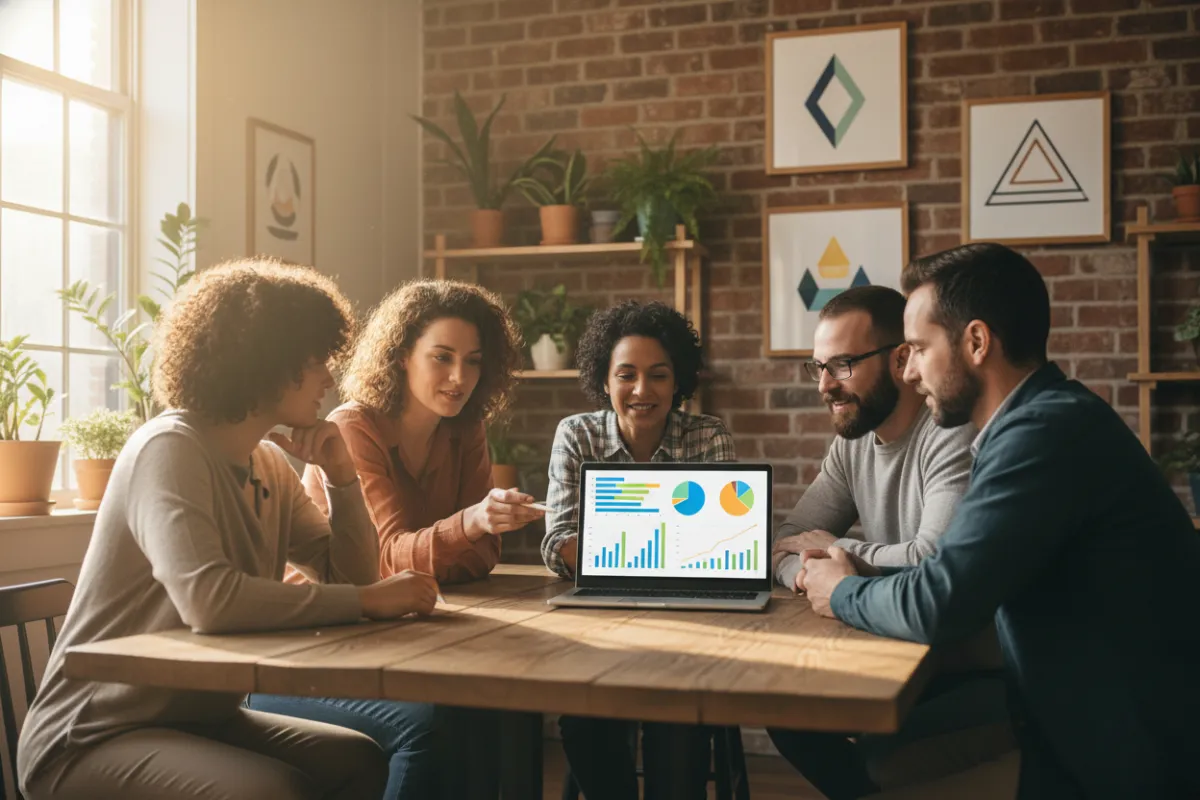 A diverse group of small business owners gathered around a table, reviewing a colorful analytics dashboard on a laptop. The setting is a cozy, sunlit office with plants and local business signage in the background. 3:2 aspect ratio.