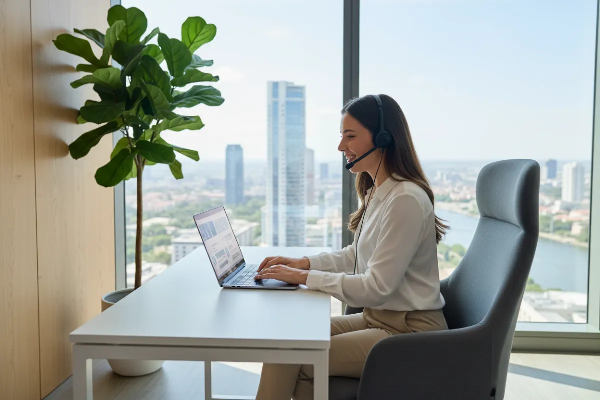 A professional support agent sits at a desk with a headset, smiling while assisting a client via laptop. The office features modern decor, a potted plant, and a window with city views. 3:2 aspect ratio.
