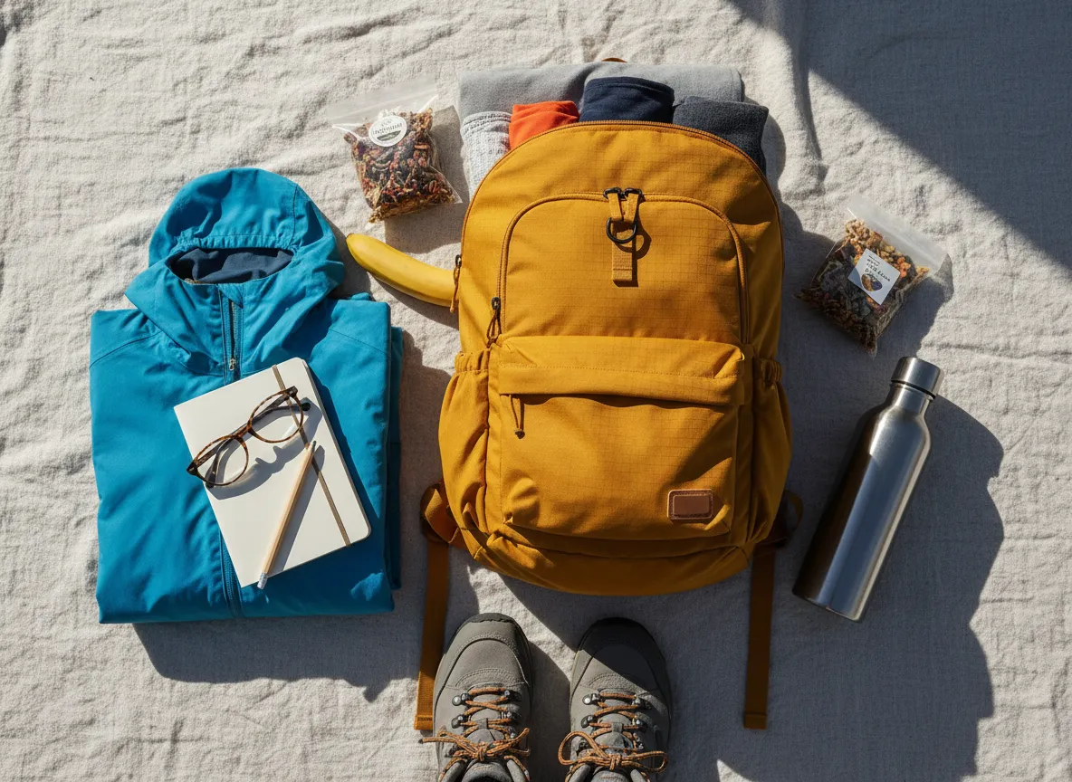 Yellow backpack flatlay