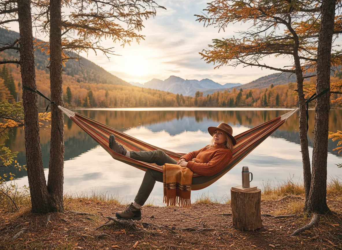 Woman in hammock by lake