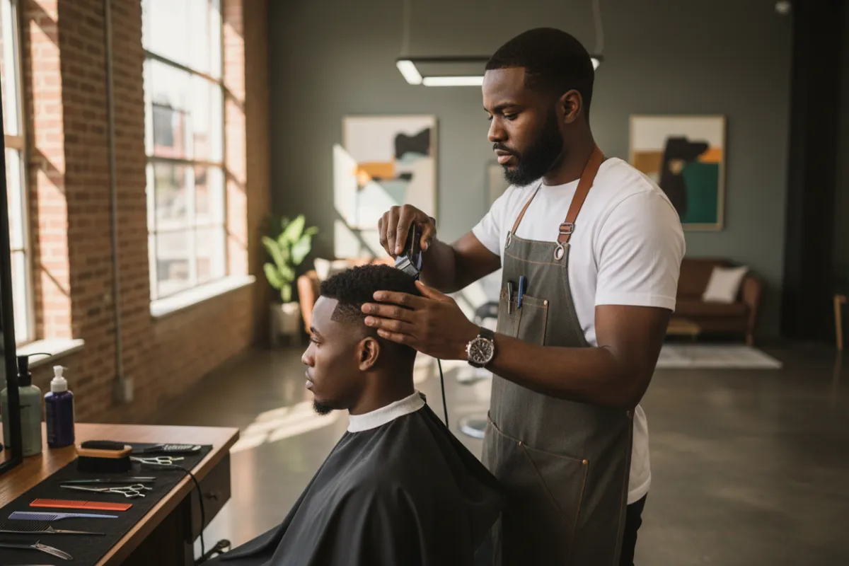Photorealistic AI-generated image of an African American barber giving a haircut to an African American customer