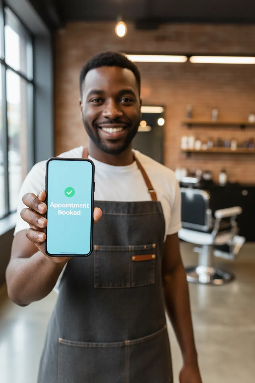 African American barber waist-up portrait holding phone with centered 'Appointment Booked' message, warm barbershop lighting, shallow depth of field, realistic skin tones, friendly professional
