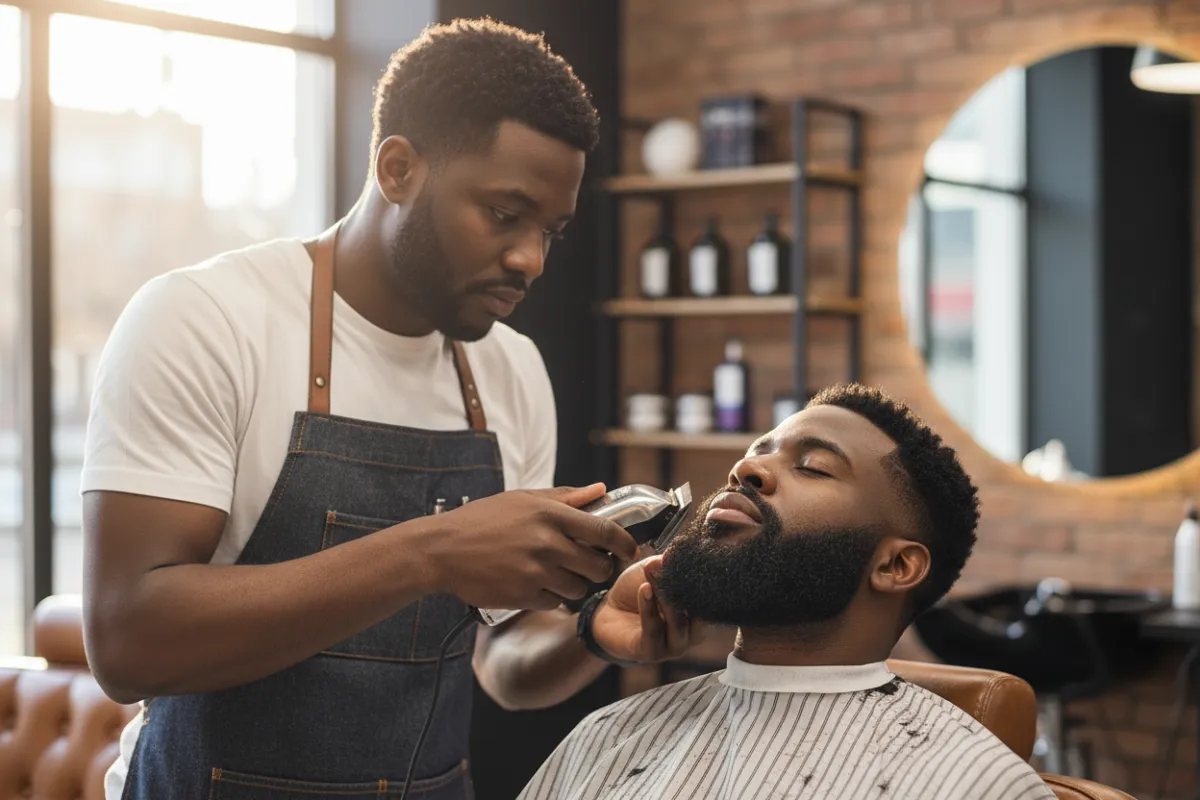 African American barber trimming a client's beard in a Chicago barbershop
