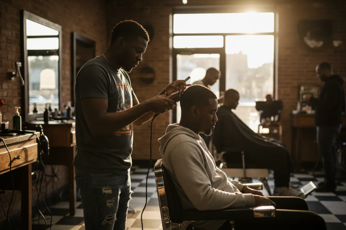 Hyper-realistic photo of a casually dressed African American barber cutting a client's hair in a barbershop; the barber is using clippers and scissors, with natural lighting illuminating the scene.
