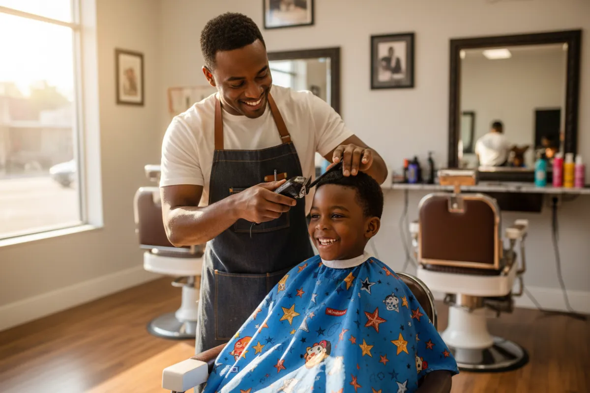 African American barber giving a young client a haircut in a Chicago barbershop