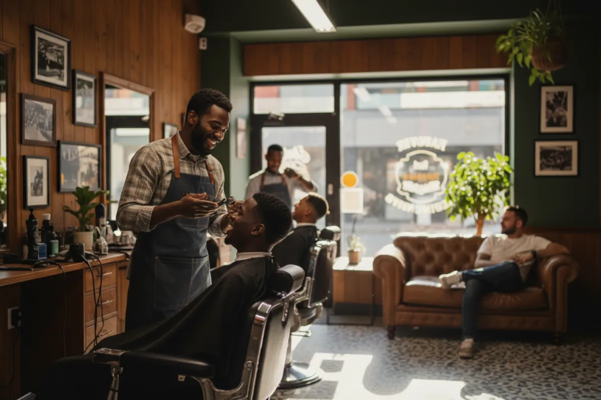 Casually dressed African-American barbers working on clients in a relaxed, casual barbershop setting