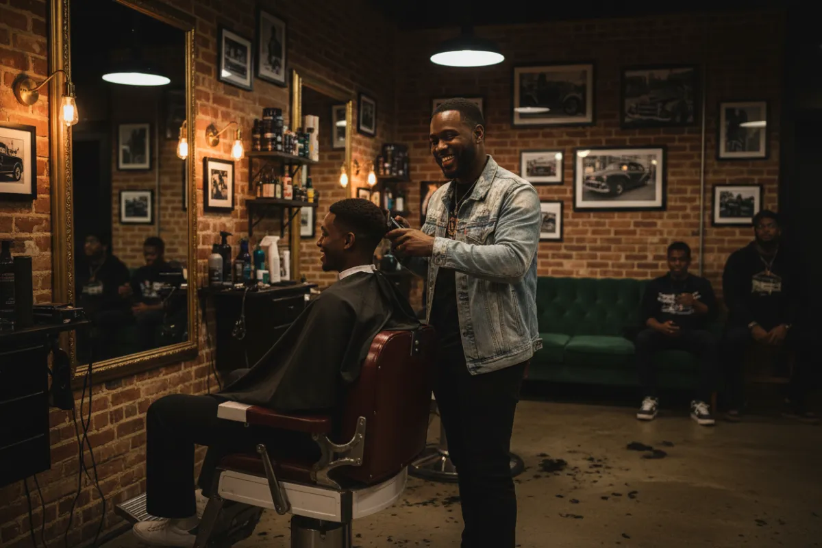 Casually dressed African-American barber working on a client in a casual barbershop setting