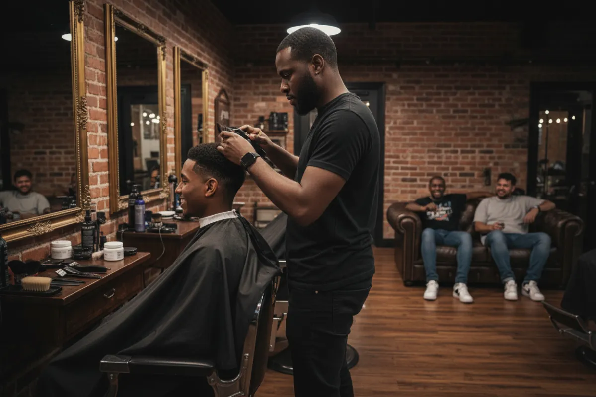 Casually dressed African-American barber cutting a client's hair in a relaxed barbershop setting