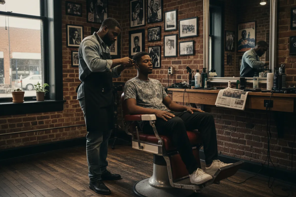 Casually dressed African-American barber cutting a client's hair in a relaxed barbershop setting