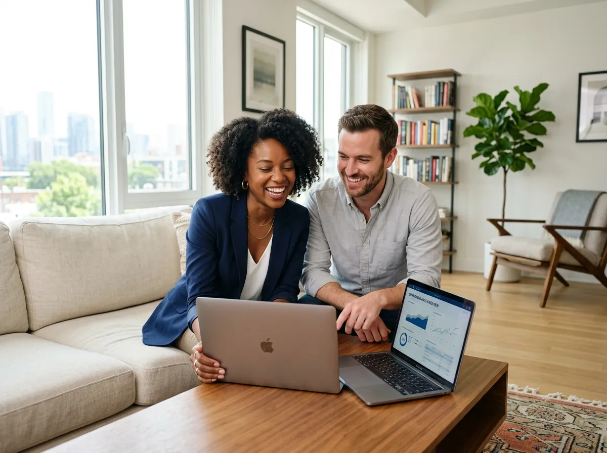 A smiling Black couple sitting together looking at a laptop computer. The man is wearing glasses and a blue shirt.