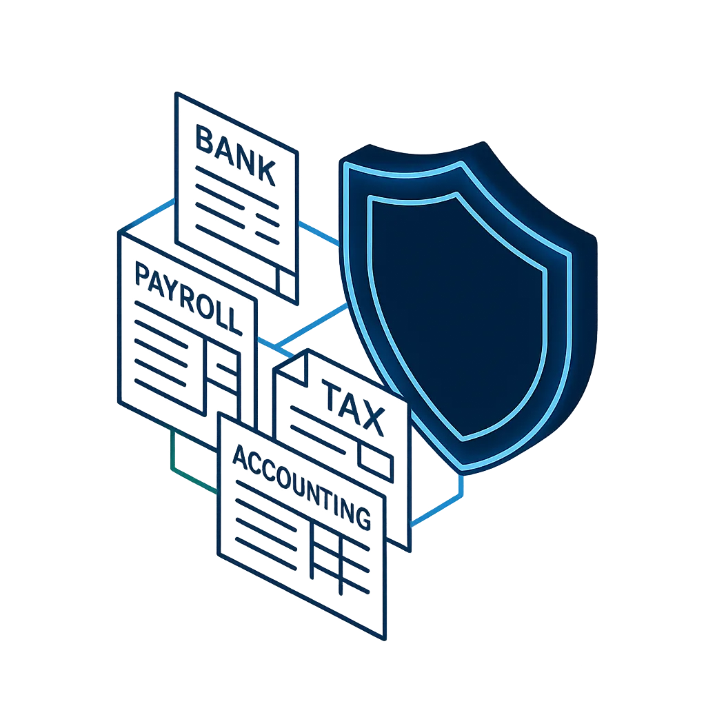 Premium isometric line-art of a shield protecting financial documents