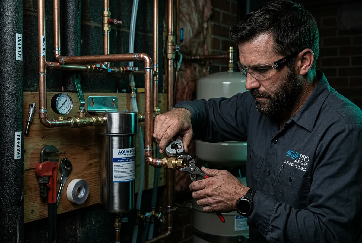 Licensed plumber installing copper piping and water filtration fixtures