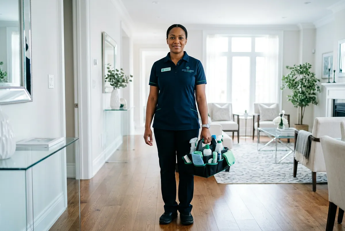 Cleaning professional in uniform with supplies detailing a spotless room