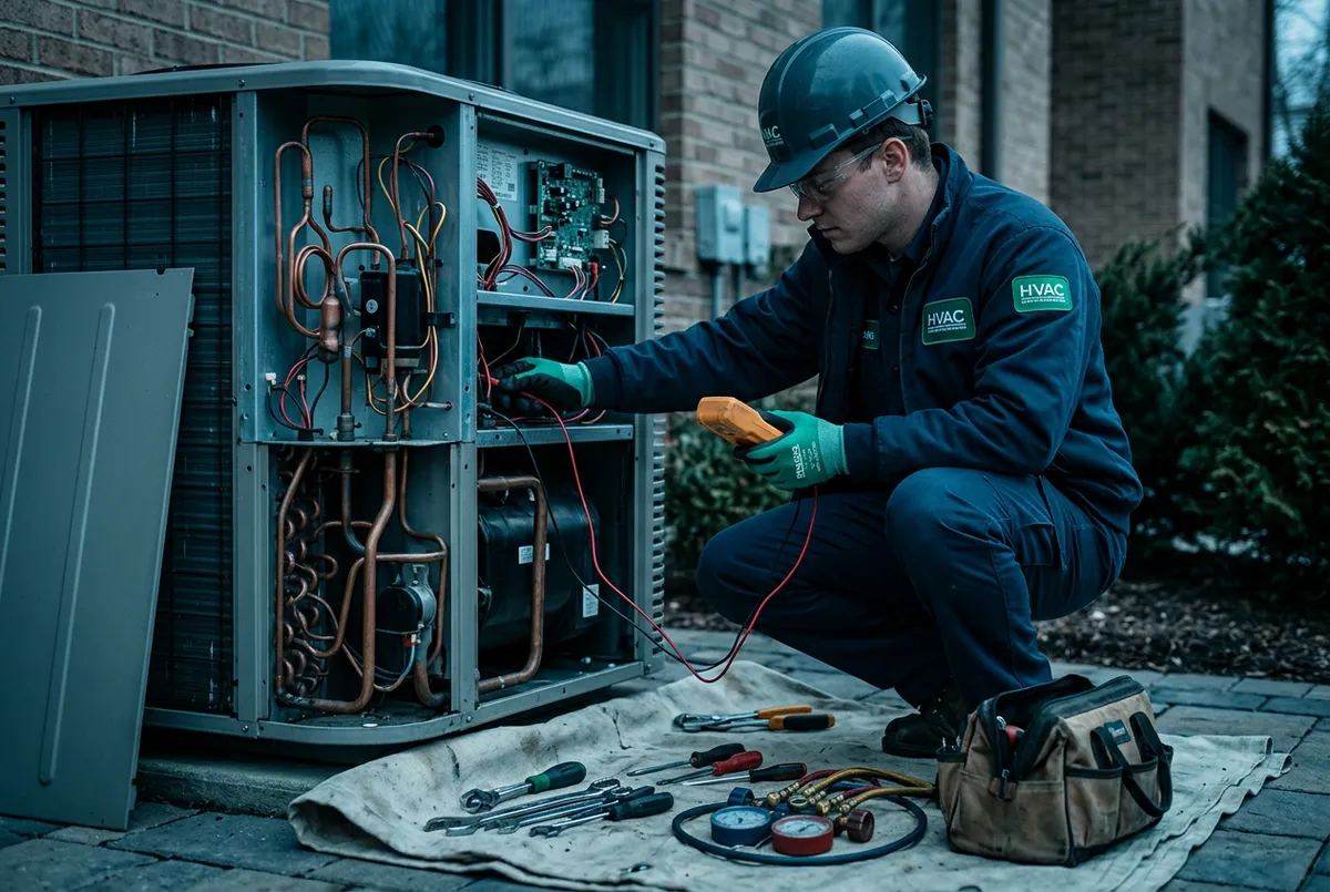 HVAC technician servicing outdoor heat pump air conditioning unit