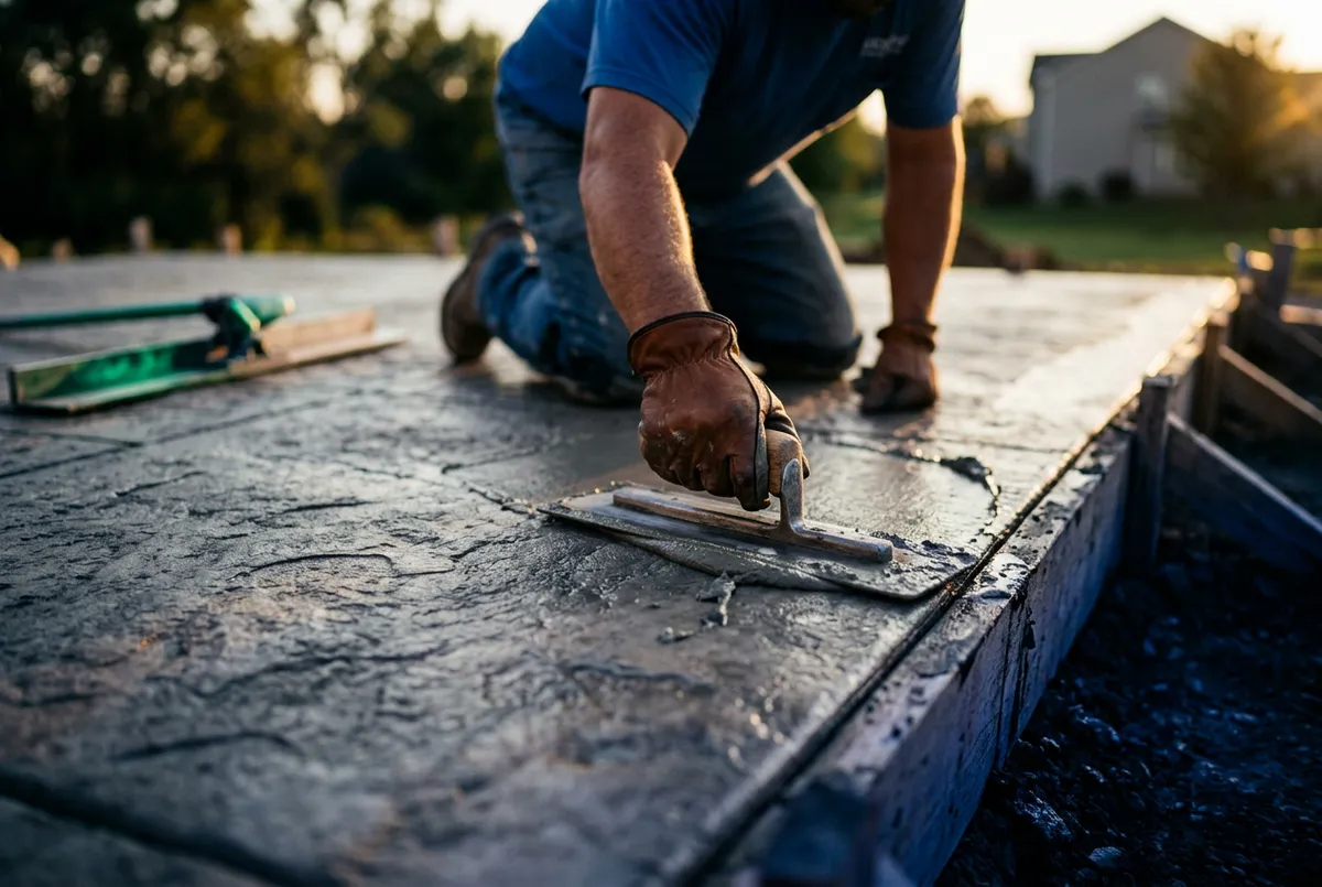 Concrete mason using trowel to finish smooth stamped concrete patio driveway