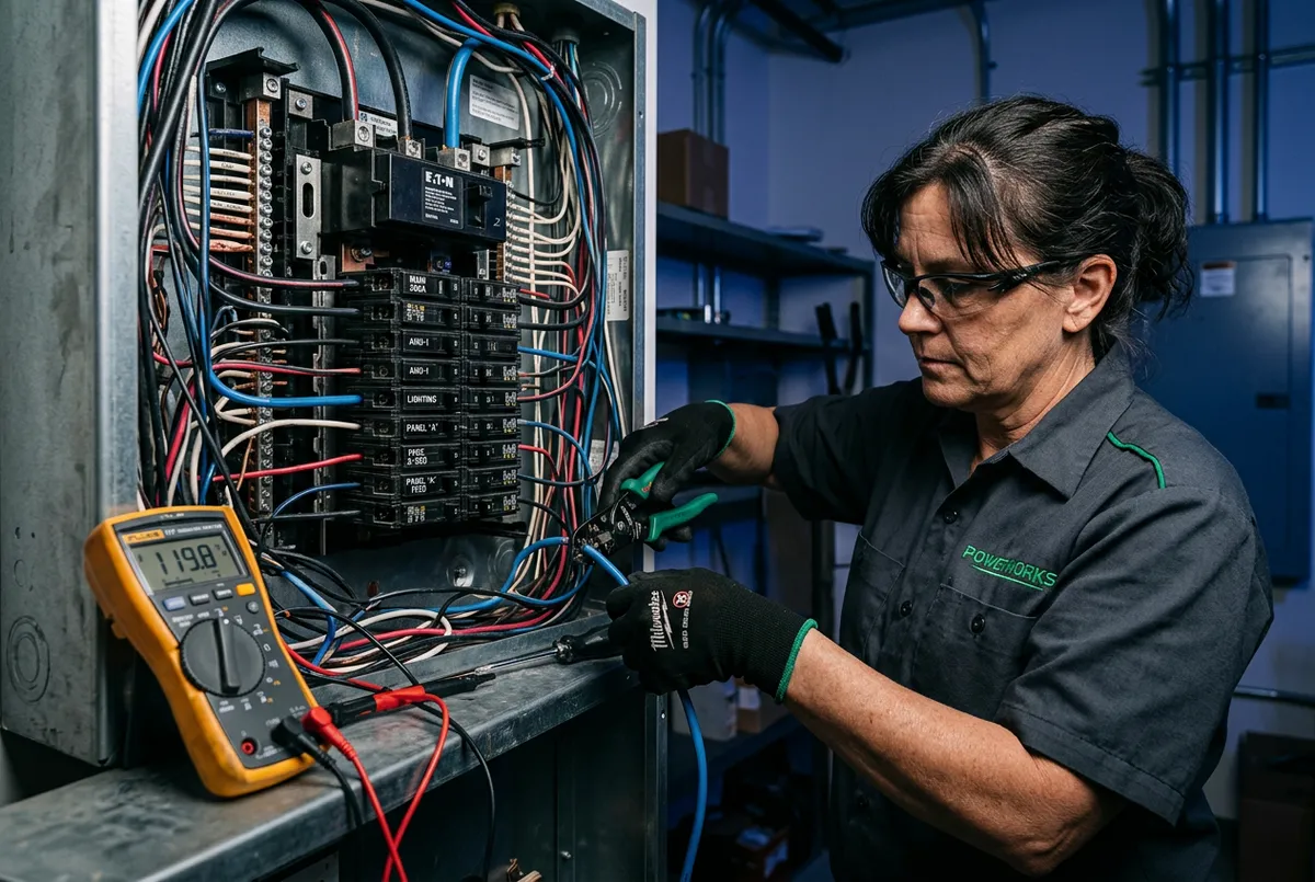 Master electrician working with precision on circuit breaker panel wiring