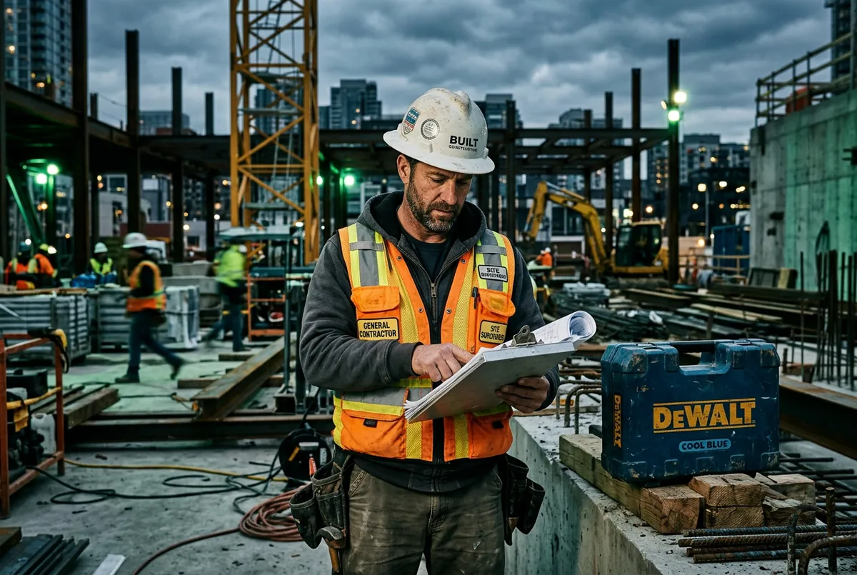 General contractor reviewing architectural plans on clipboard at active construction site