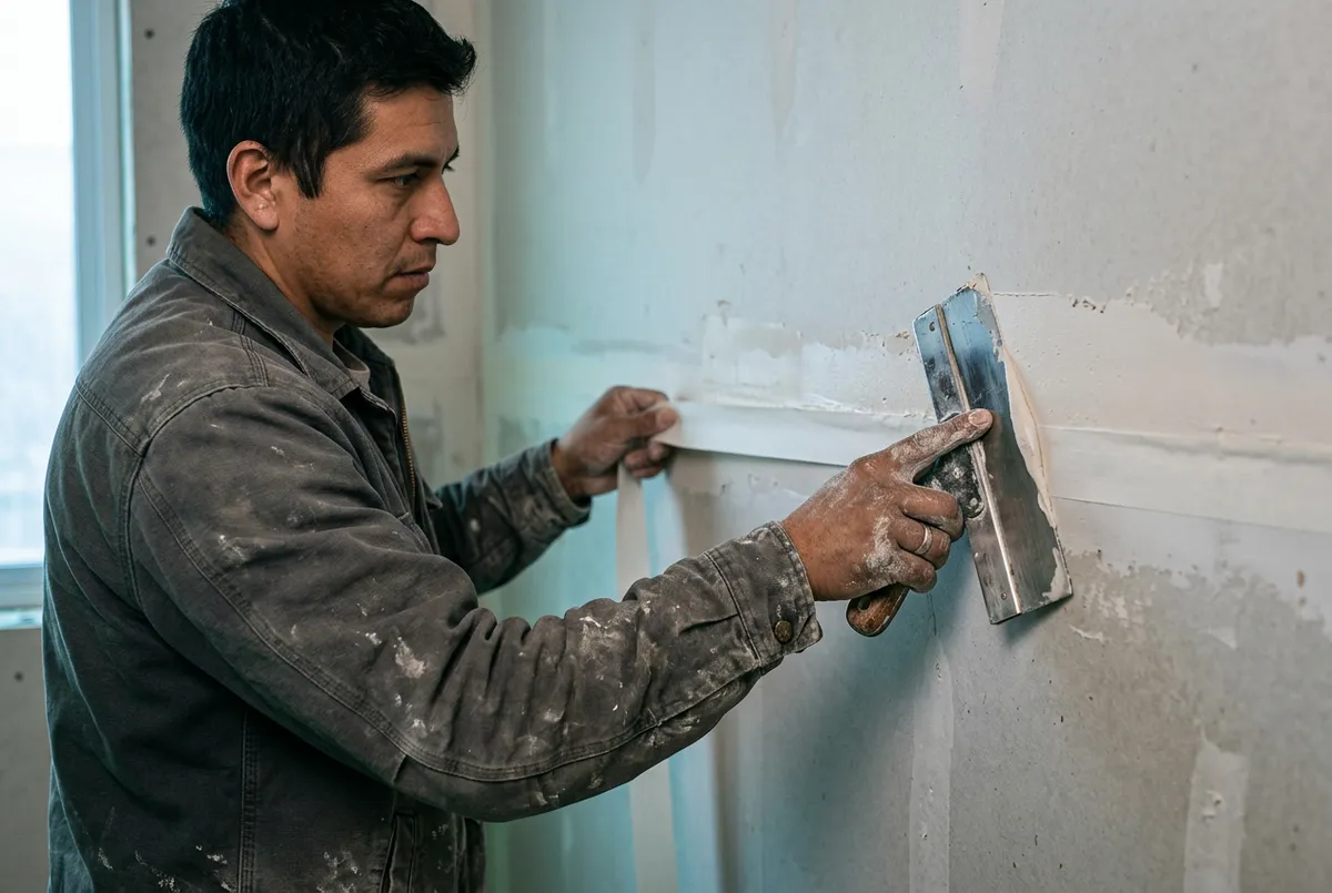 Drywall finisher taping seams and smoothing joint compound on wall