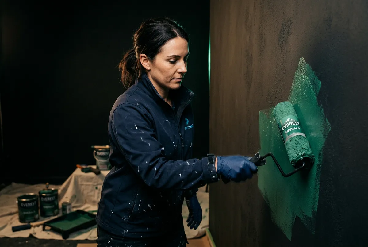 Professional painter with roller applying premium paint to wall interior