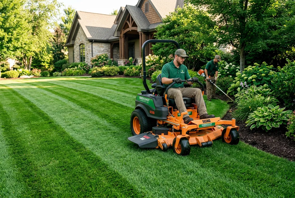 Landscaping team operating commercial mower on manicured residential lawn