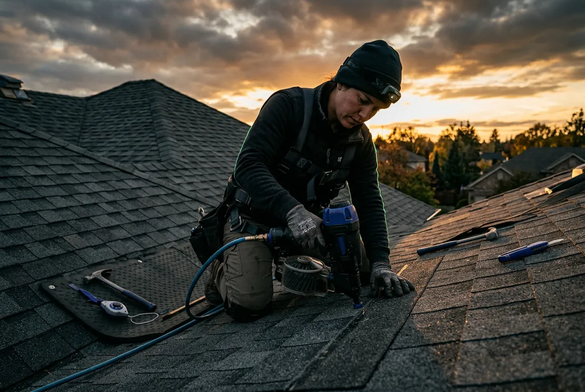 Professional contractor installing architectural roof shingles on residential home