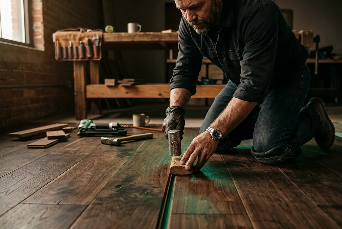 Craftsman installing luxury hardwood planks and custom flooring
