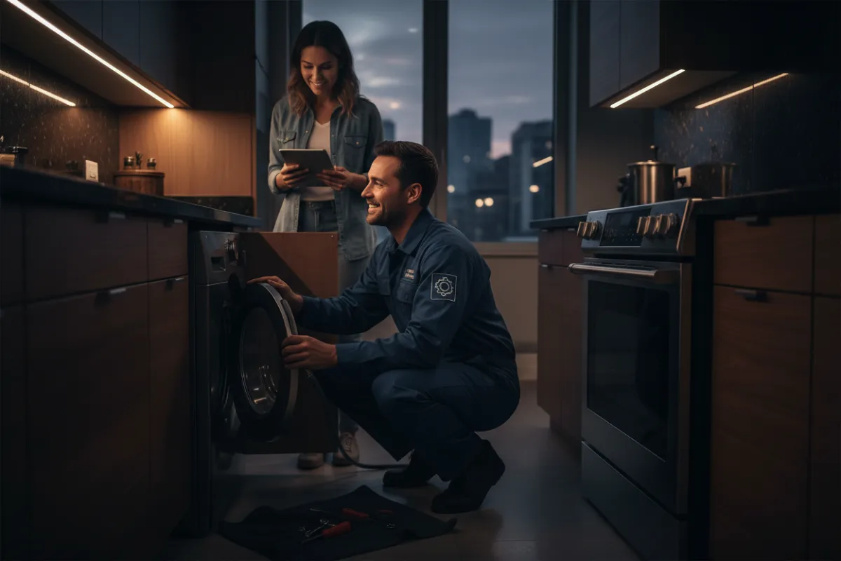 Technicien inspectant et réparant l'installation d'un appareil électroménager pour détecter des fuites et sécuriser les connexions