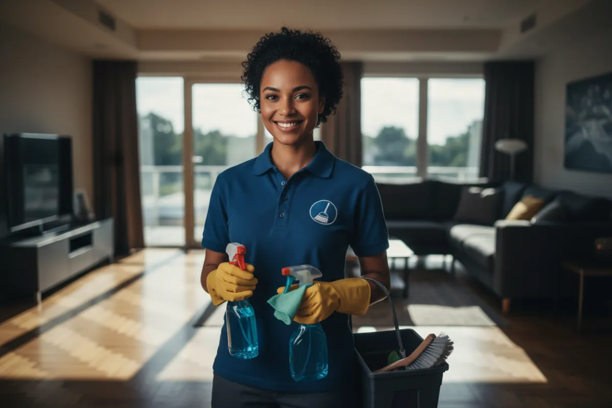 Friendly professional cleaning worker in uniform holding cleaning supplies for a residential cleaning service