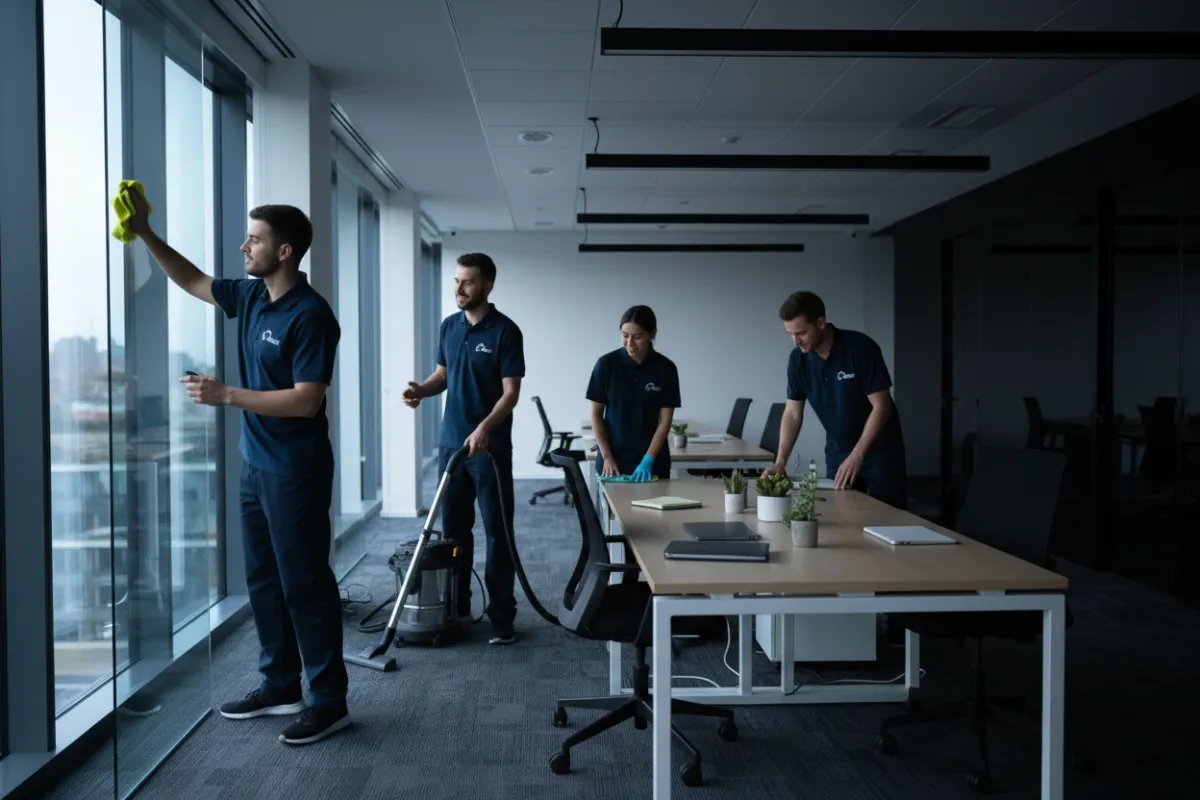 Équipe de nettoyage professionnel dans un bureau