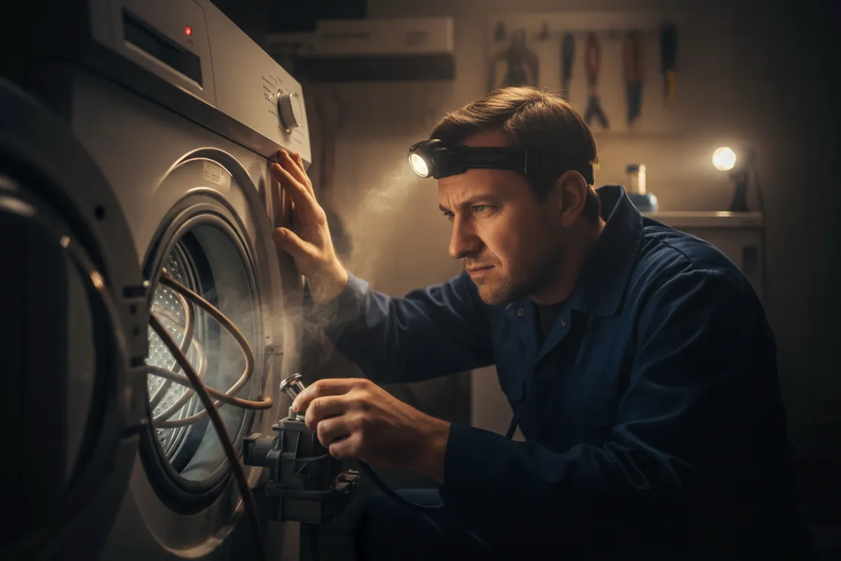 Photo montrant un technicien diagnostiquant un problème d'électroménager